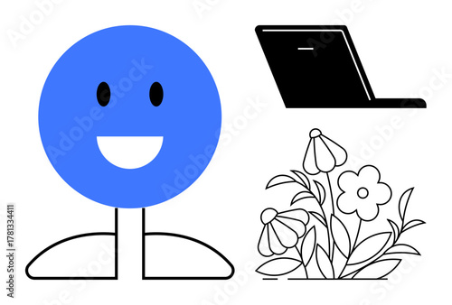 Blue happy face figure next to a laptop and floral arrangement representing harmony between work and nature. Ideal for wellness, sustainability, remote work, positivity, balance, creativity
