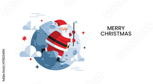 Whimsical santa claus running across the moon with a star wand and merry christmas text