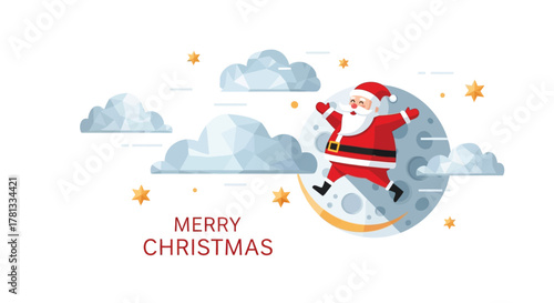 Joyful santa claus jumping on the moon with clouds and stars wishing merry christmas