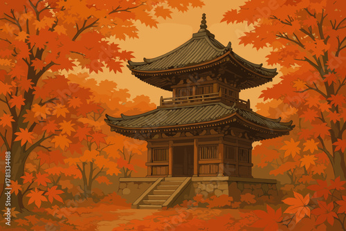 Traditional wooden pagoda with intricate curved roofs surrounded by vibrant autumn foliage and red maple leaves.