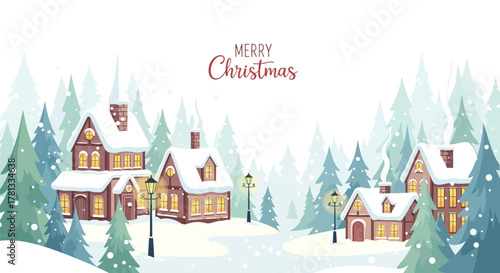 Charming snow covered village houses nestled among pine trees with warm glowing windows and falling snow