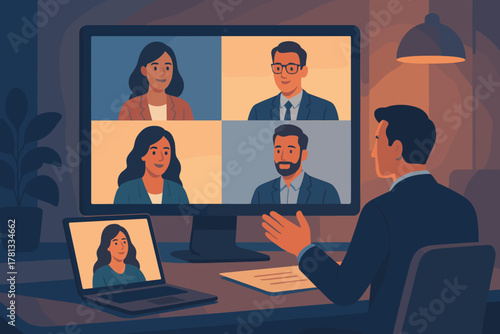 A group of five adults, comprising both male and female professionals of diverse races, engaged in a virtual meeting on a computer and laptop screen in an office setting.