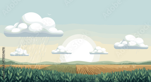 Serene landscape with rain clouds over a vast field, depicting a sunlit horizon and lush greenery under a partly cloudy sky.