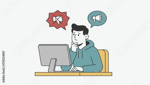 A student at a computer with a thoughtful expression contemplating whether to engage with negative comments or to speak out against them.