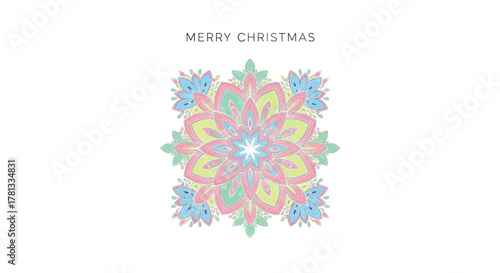 Merry christmas greeting with a pastel colored mandala snowflake design on a white background