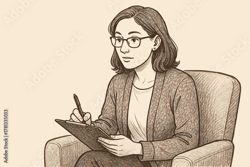 Asian young female therapist with glasses attentively listens and takes notes on a clipboard while seated in a comfortable chair.