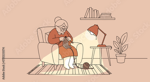 Elderly caucasian woman knitting in a cozy living room setting with a warm lamp illuminating her work.