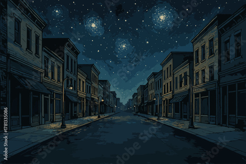 Starry night sky over an empty, dimly lit street with symmetrical, classic architecture on both sides, evoking a serene and quiet atmosphere.
