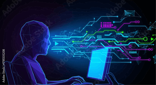 Geometric person using a computer with glowing lines connecting to a digital network design
