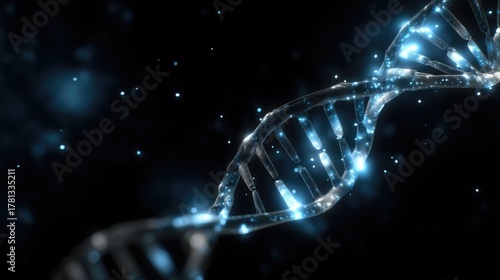 This visualization features a spiral DNA helix suspended in darkness, illuminated by glowing particles, symbolizing the complexity of genetics and molecular biology