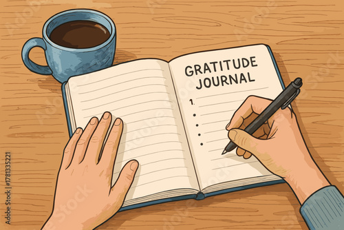 Hands of an adult writing in a gratitude journal while a cup of coffee sits nearby on a wooden table.