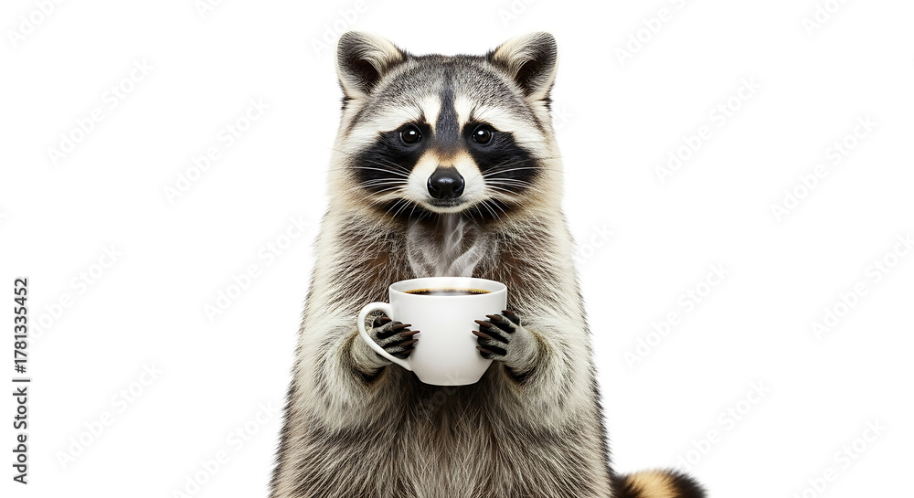 Fototapeta premium A charming raccoon is seen holding a steaming cup of coffee, its gaze locked straight ahead, against a plain transparent background.
