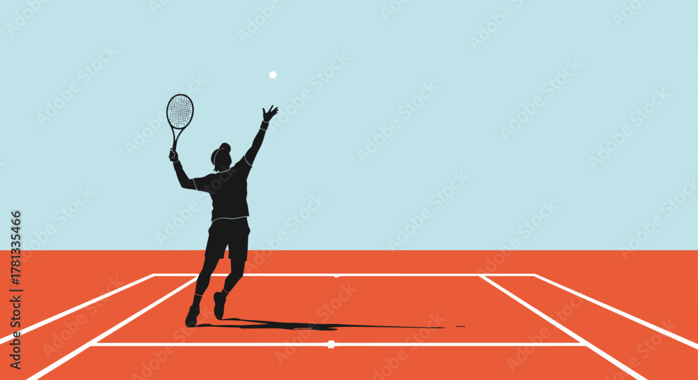 Fototapeta premium Silhouette of a male tennis player in mid-air serving position on an orange court against a blue sky.