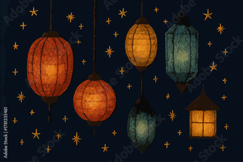 Various colorful hanging lanterns and stars illuminating a dark night sky, creating a warm and festive ambiance.