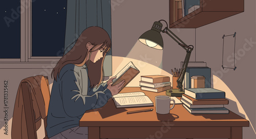Young female reading a book at a desk, surrounded by books, under a desk lamp at night.