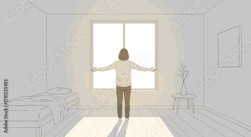 A young caucasian female stands in a minimalistic bedroom, opening the curtains to let sunlight into the room.