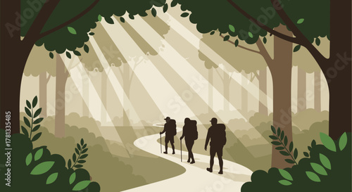 Silhouettes of three hikers with backpacks walking on a forest path with sunlight streaming through a canopy of trees.