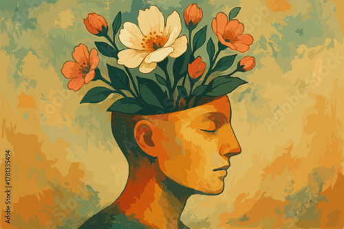 Surreal painting of a person's profile with their head open, revealing vibrant flowers blooming from within, symbolizing creativity and growth.