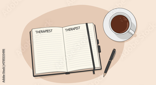 Open planner with "therapist" written on two pages, accompanied by a pen and a cup of coffee on a light surface.