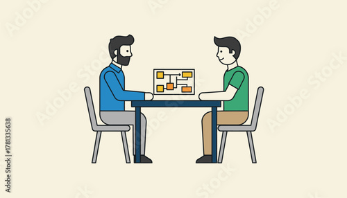 A mentor and a young employee engaged in a oneonone conversation with a career development chart on the table between them.