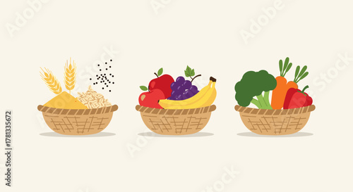 Three woven baskets filled with assorted foods: grains, colorful fruits, and vibrant vegetables, arranged side by side.
