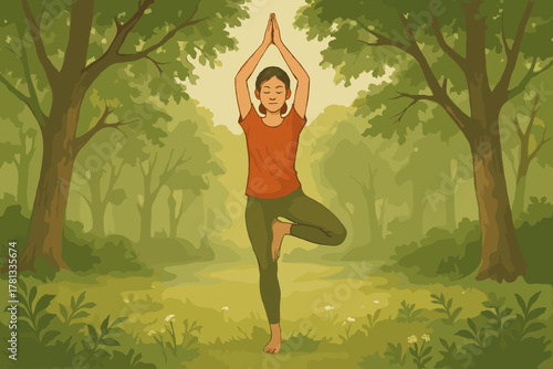 Caucasian female practicing yoga in a peaceful forest setting, balancing in a tree pose with eyes closed and hands raised above her head.