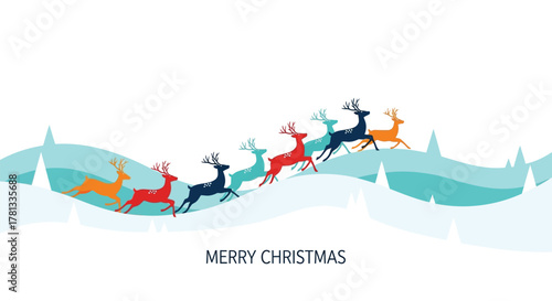 Colorful reindeer herd running across snowy hills with merry christmas greeting