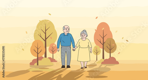 Elderly caucasian couple holding hands while walking together in an autumn park, surrounded by colorful trees.