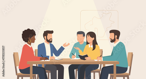 Diverse group of young adults engaged in a collaborative meeting around a table, discussing and taking notes with maps on the wall.