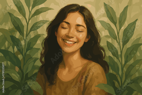 Smiling young hispanic female with long dark hair stands amidst lush green plants, eyes closed in peaceful contentment.