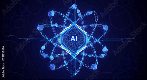 Ai core surrounded by atomic structure and digital circuit board with dark blue background design