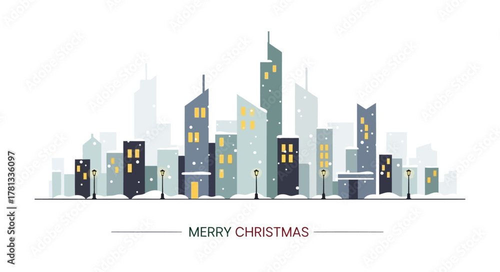 Naklejka premium Festive winter cityscape with falling snow and glowing windows celebrating merry christmas