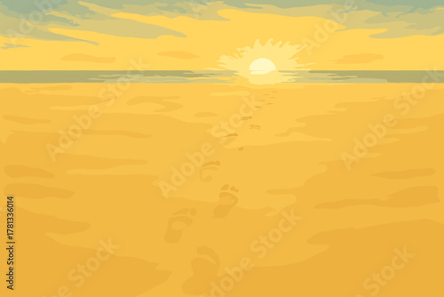 Footprints leading toward a setting sun on a serene beach, with tones of orange and yellow illuminating the sky.