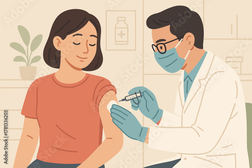 Male doctor in glasses and protective mask administering a vaccine injection to a young adult female patient with dark hair sitting calmly.
