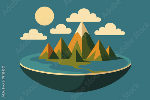 Flat earth concept with mountains, clouds, and a sun on a circular landmass against a blue sky.