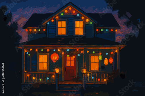 Festively illuminated house with a porch is adorned with colorful round and lantern-shaped string lights during the night.