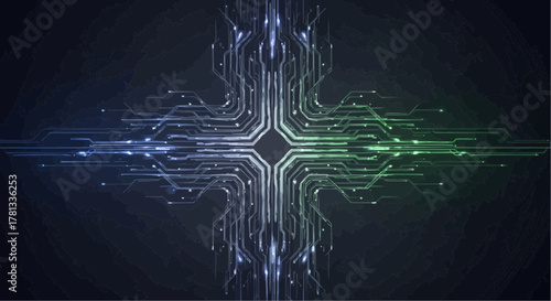 Abstract technology network with blue and green lights forming a central diamond shape design