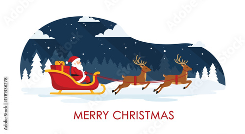 Santa claus riding a sleigh pulled by reindeer through a snowy forest at night with gifts and stars