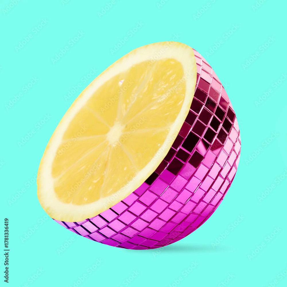 Fototapeta premium Disco ball with lemon inside on turquoise background