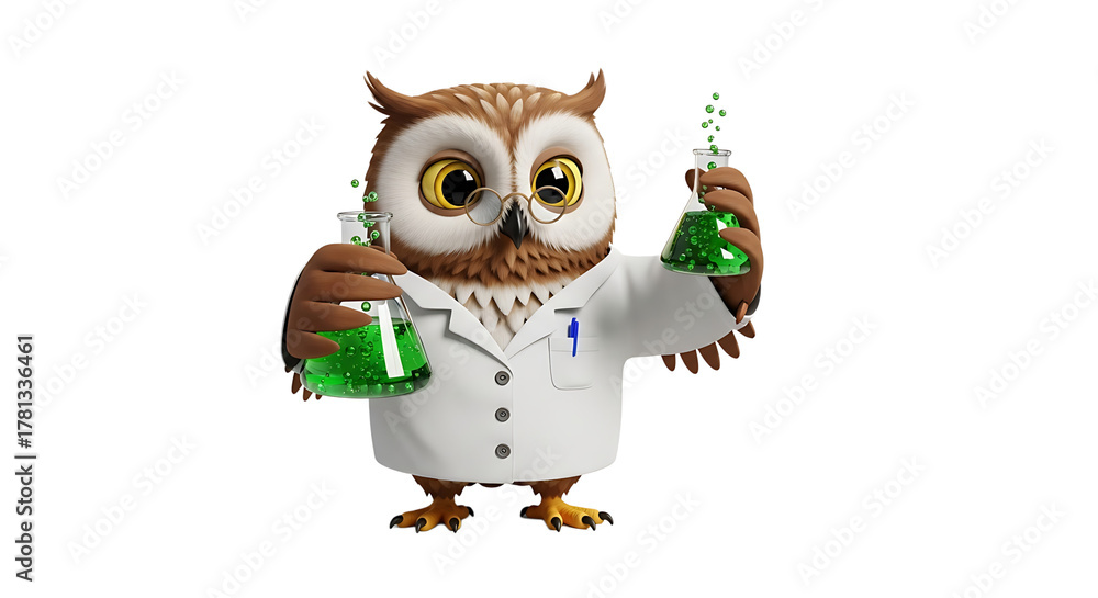 Obraz premium An owl dressed as scientist with glasses and a lab coat conducts an experiment with green fluid in glass flasks.