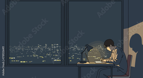 Young asian male diligently studying at a desk by a large window, illuminated by a table lamp, with a panoramic view of a city skyline at night.