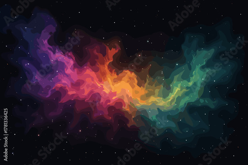 Vibrant multicolored nebula with swirling patterns in a starry universe, displaying hues of purple, red, orange, green, and blue.