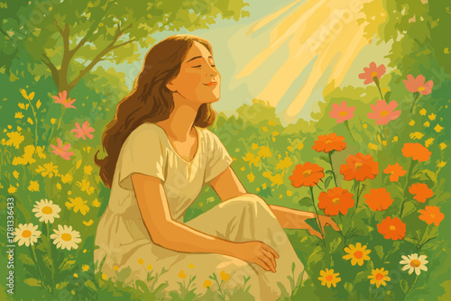 A young caucasian female sitting cross-legged in a sunlit flower field, surrounded by colorful blossoms, enjoying nature with her eyes closed.