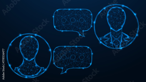 Digital communication network. Two interlocutors and dialog clouds. The concept of human interaction in a virtual environment, information exchange and online conferences.