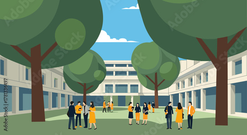Animated illustration of a diverse group of young adults socializing in a modern, open courtyard surrounded by trees and a multi-story building.