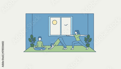 A wellness program event with employees participating in yoga or meditation sessions in a spacious peaceful room.