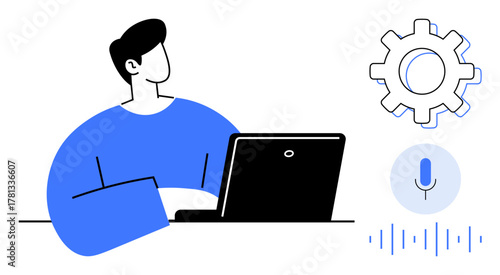 Person using laptop, voice assistant icon, and gear for productivity. Ideal for technology, innovation, AI, remote work, automation, communication concepts simple flat metaphor