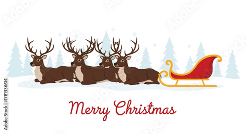 Four reindeer resting in snow beside a sleigh with merry christmas text below