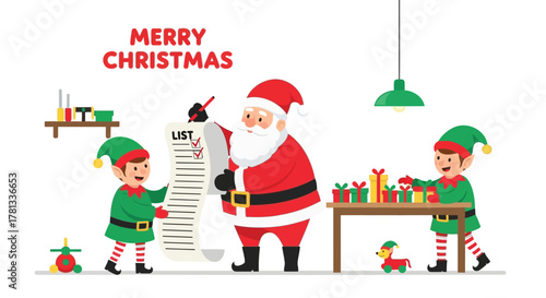 Merry christmas santa claus and elves checking gift list and wrapping presents at north pole workshop