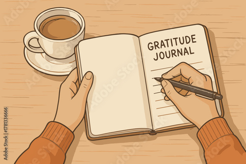 Hands writing in a gratitude journal with a pen, next to a cup of coffee on a wooden table, showcasing a moment of personal reflection and mindfulness.